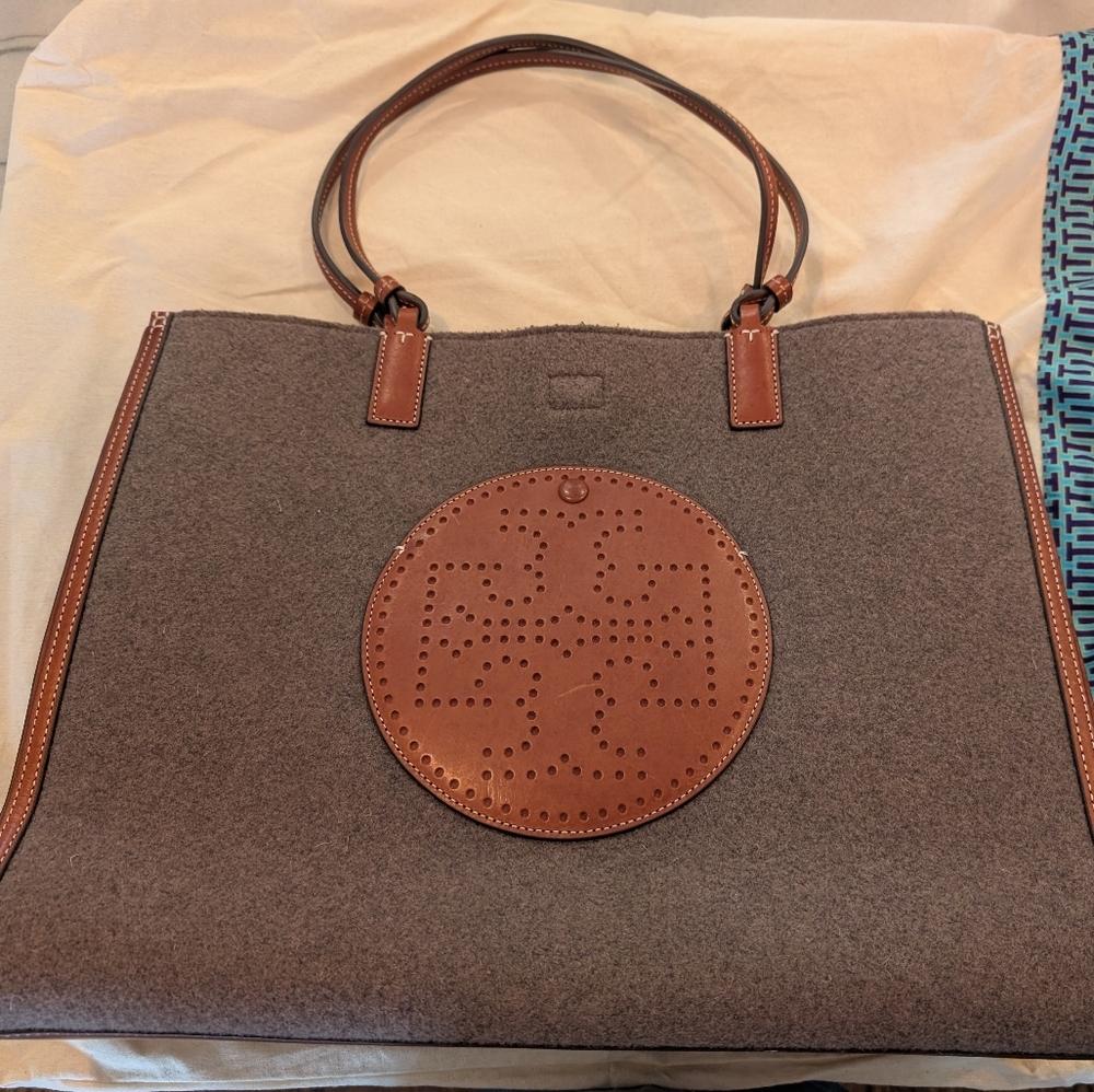 Tory Burch Gray Wool/Felt And Tan Leather Ella Tote Bag